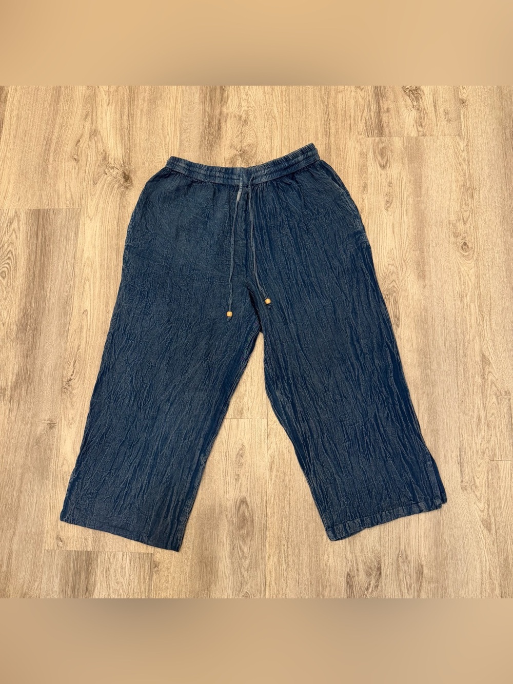 Raya Sun Linen Cotton Wide Leg Crop Pants Navy Blue Size Medium